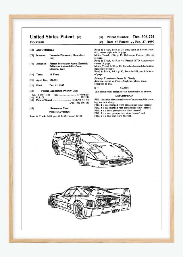 Patenttipiirustus - Ferrari F40 I Juliste