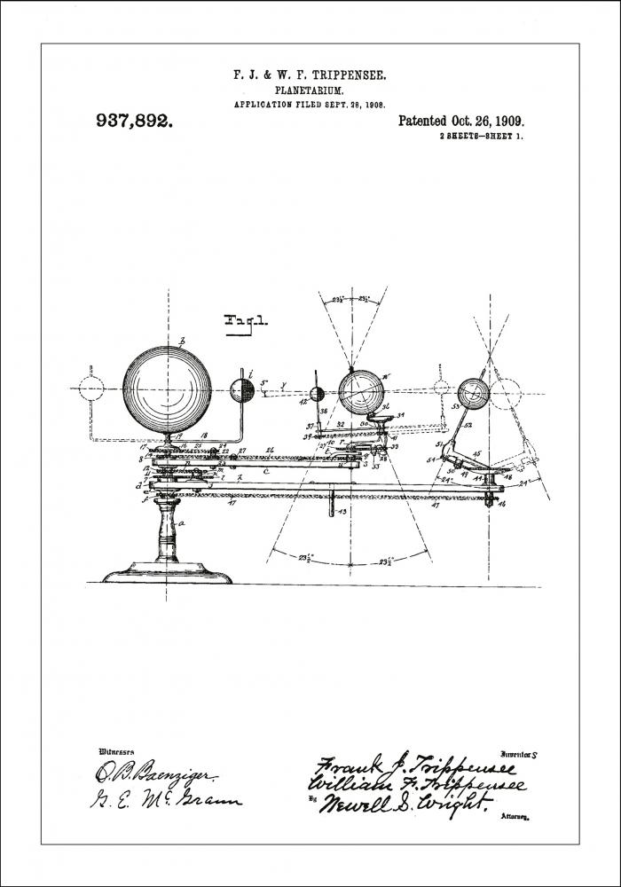 Patenttipiirustus - Planetaario - Valkoinen Juliste