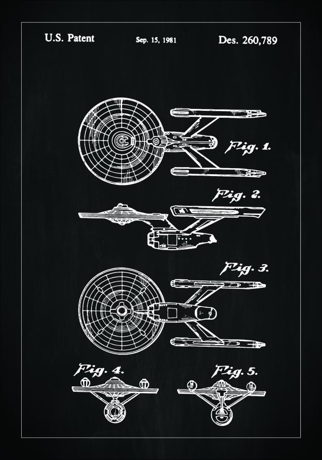 Patenttipiirustus - Star Trek - USS Enterprise - Musta Juliste