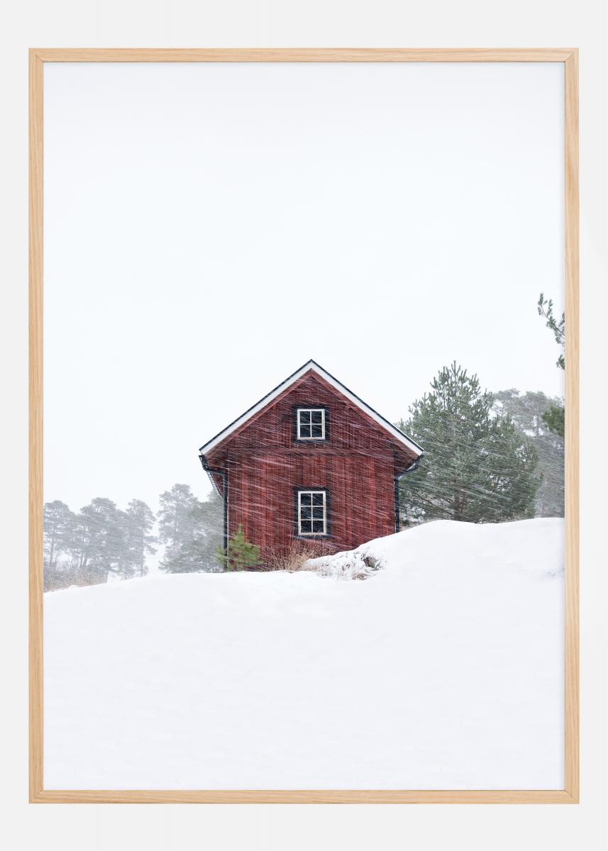 Old red house during snowstorm Juliste