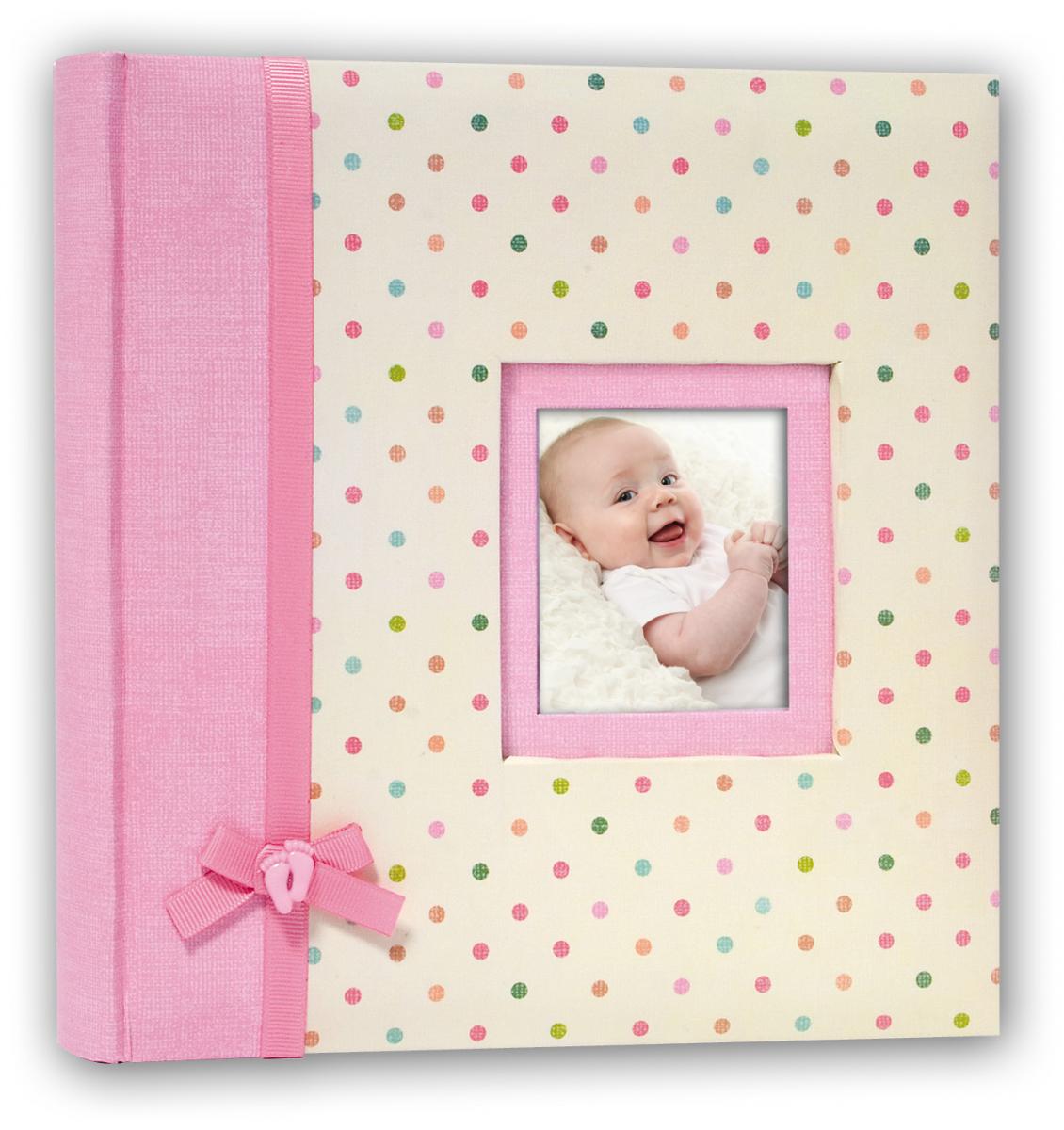 Vaaleanpunainen vauva-albumi omalla kuvalla kannessa - Täydellinen kastelahja