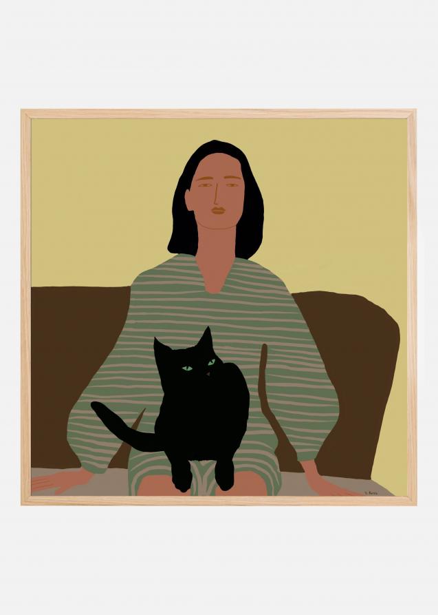Lady sitting with black cat Juliste