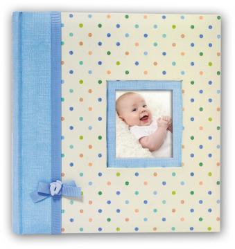 Sininen valokuva-albumi muovitaskuilla vauvakuville