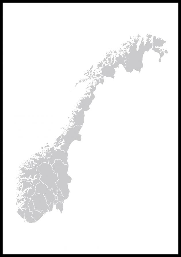 Kartta - Norja - Harmaa Juliste