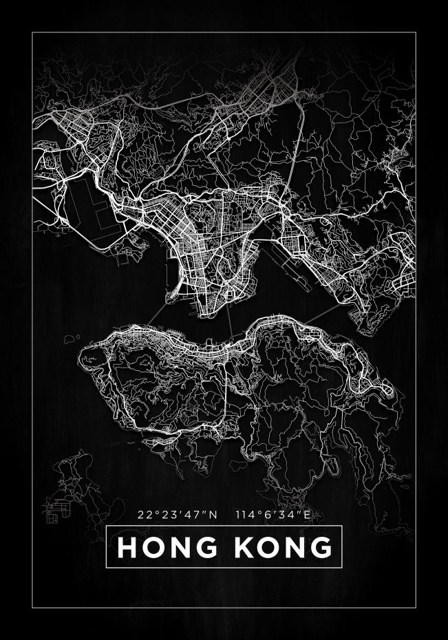 Kartta - Hong Kong - Musta Juliste