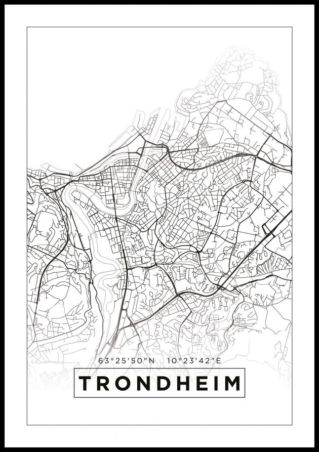 Kartta - Trondheim - Valkoinen Juliste