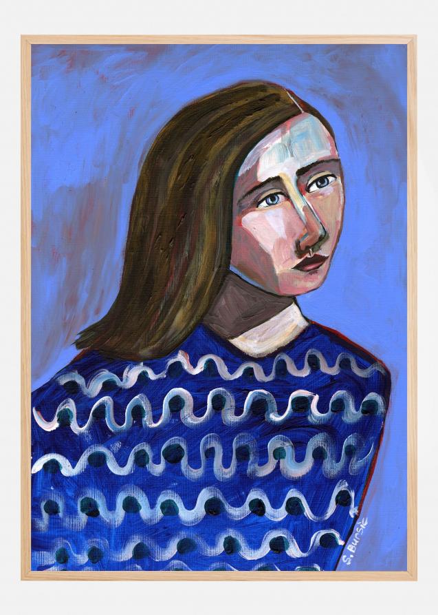 Woman in Blue Sweater Naive Portrait Figurative Juliste