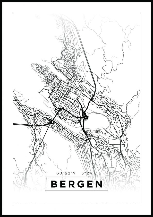 Kartta - Bergen - Valkoinen Juliste