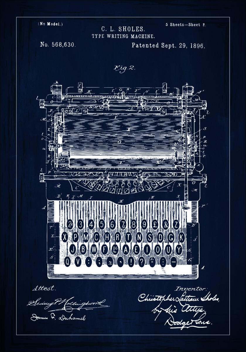 Patentti Piirustus - Kirjoituskone - Sininen Juliste