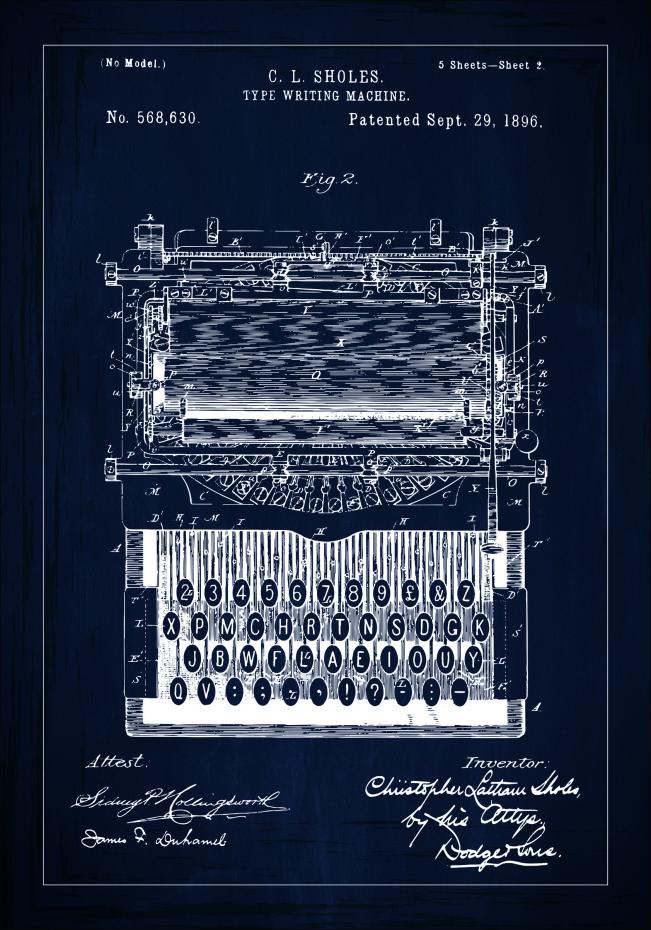 Patenttipiirustus - Kirjoituskone - Sininen Juliste