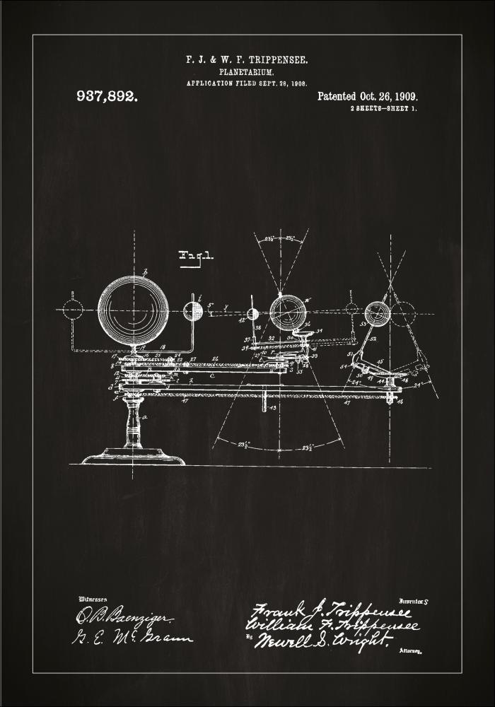 Patenttipiirustus - Planetaario - Musta Juliste