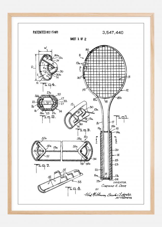 Patent Print - Tennis Racket - White Juliste