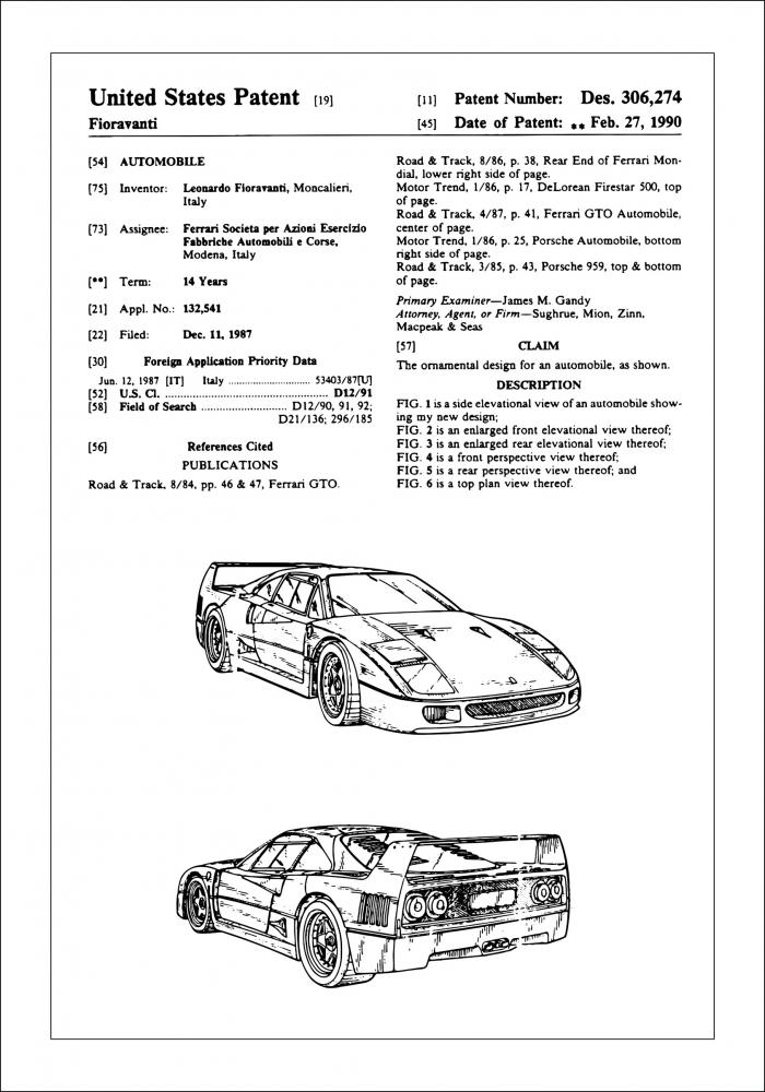 Patenttipiirustus - Ferrari F40 I Juliste