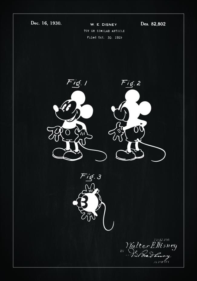 Patenttipiirustus - Disney - Mickey Mouse - Musta Juliste