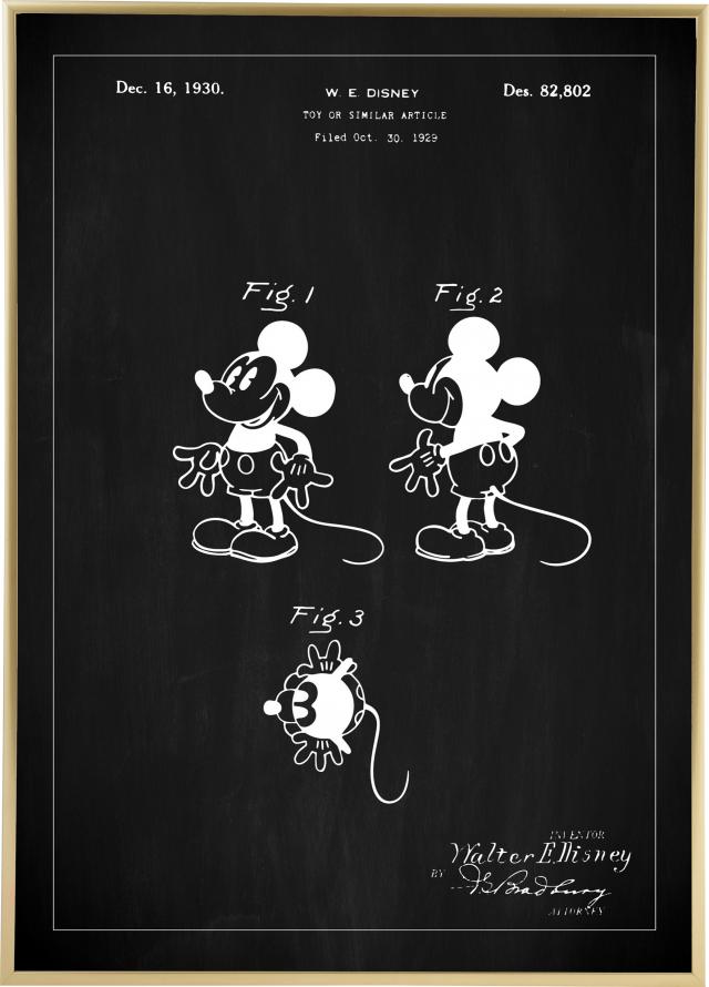 Patentti Piirustus - Disney - Mickey Mouse - Musta Juliste