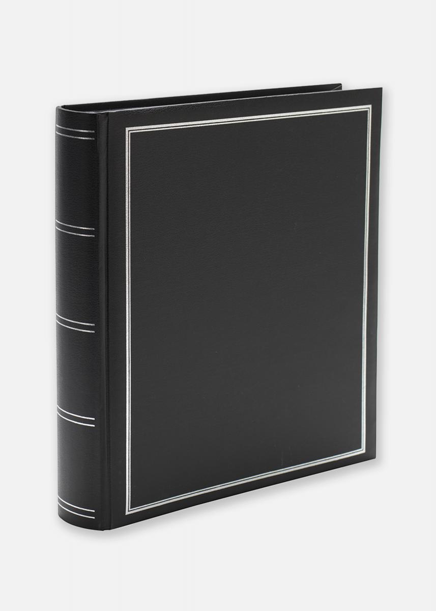 Musta valokuva-albumi mustilla sivuilla ja hopeafolioiduilla viivoilla kannessa
