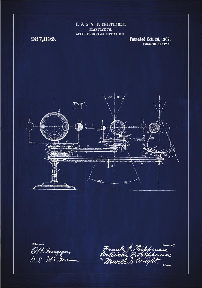 Patenttipiirustus - Planetaario - Sininen Juliste