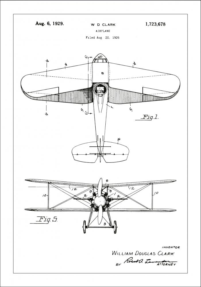 Patenttipiirustus - Lentokone - Valkoinen Juliste