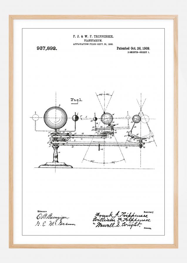 Patenttipiirustus - Planetaario - Valkoinen Juliste