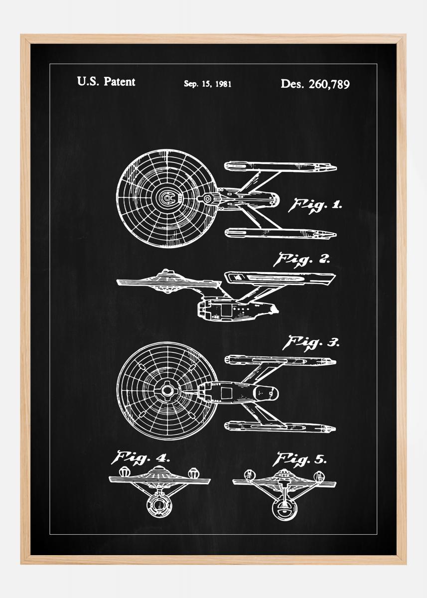 Patentti Piirustus - Star Trek - USS Enterprise - Musta Juliste