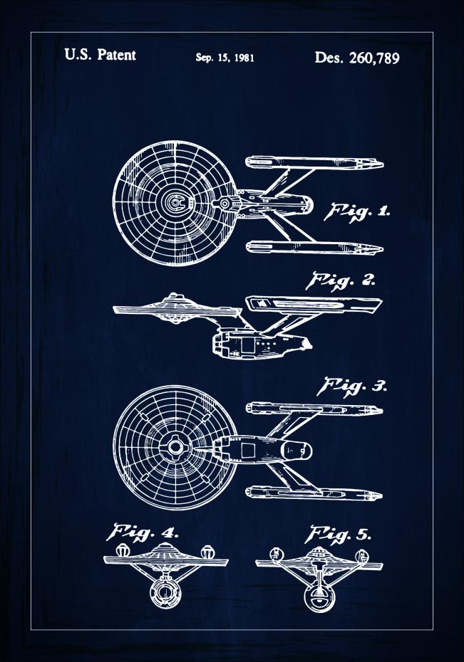 Patenttipiirustus - Star Trek - USS Enterprise - Sininen Juliste
