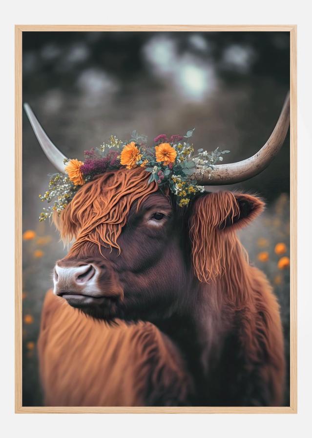 Highland Cow With Flowers Juliste