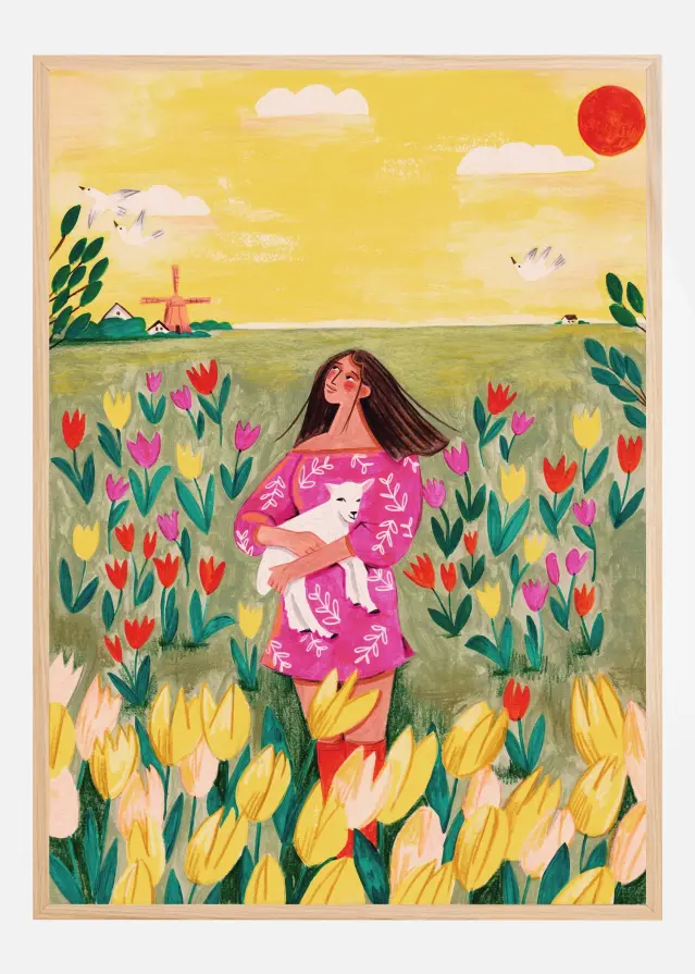 Woman in spring tulip field Juliste
