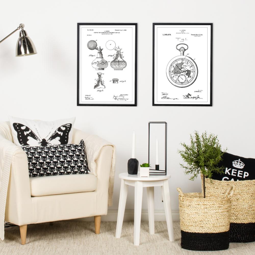 Patenttipiirustus - Taskukello - Valkoinen Juliste