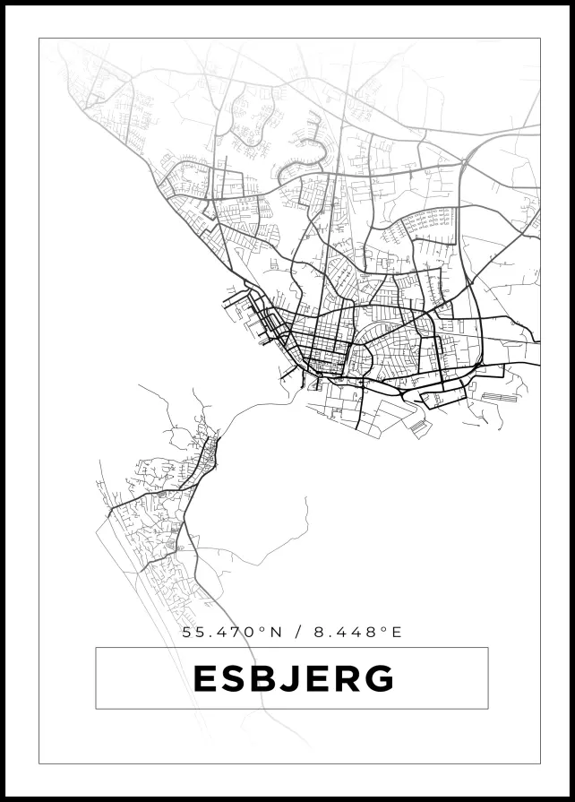 Kartta - Esbjerg - Valkoinen Juliste