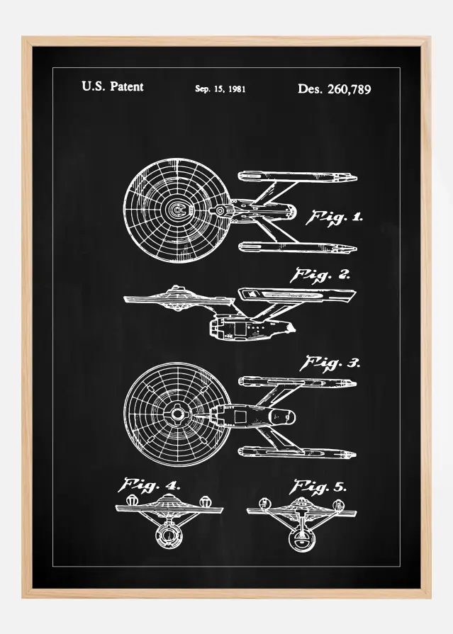 Patenttipiirustus - Star Trek - USS Enterprise - Musta Juliste