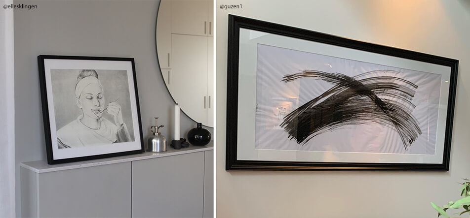 Kaksi mustaa mittatilattua kehystä mustavalkoisilla aiheilla