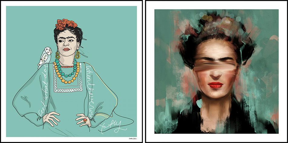 Kaksi Frida Kahlo -julistetta vihreissä väreissä