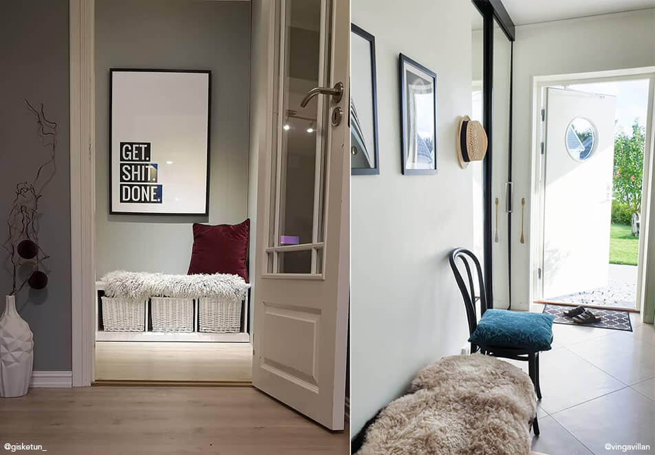 Eteisen sisustus - istuinpenkki säilytystilalla, musta tuoli ja tauluja