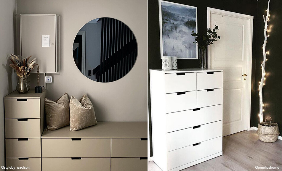 Eteisen sisustus - istuinpenkki säilytystilalla ja valkoinen lipasto