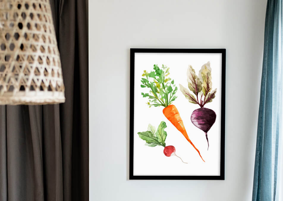Keittiötaulu vihanneksilla valkoista seinää vasten - keittiön sisustus