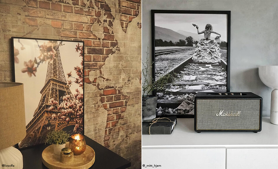 Eiffel-tornia kuvaava taulu tiilitapettia vasten – mustavalkoinen taulu ja kaiutin