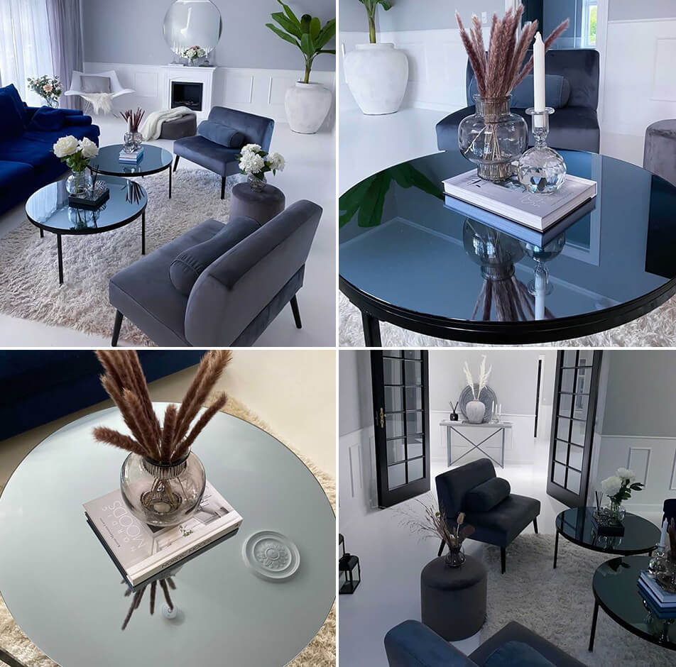 Peilipöytä – sohvapöytä harmaan sävyisellä peililasilla