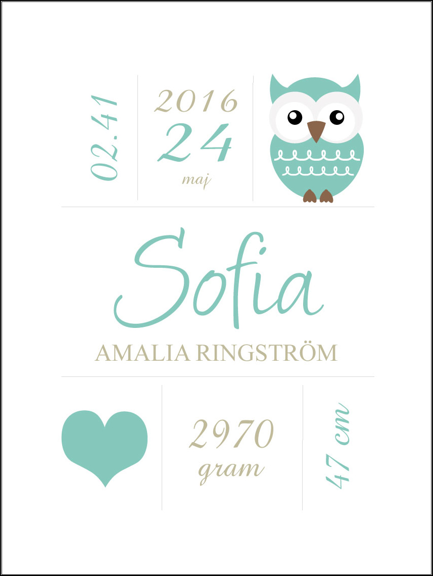Owl Birth Poster Turquoise